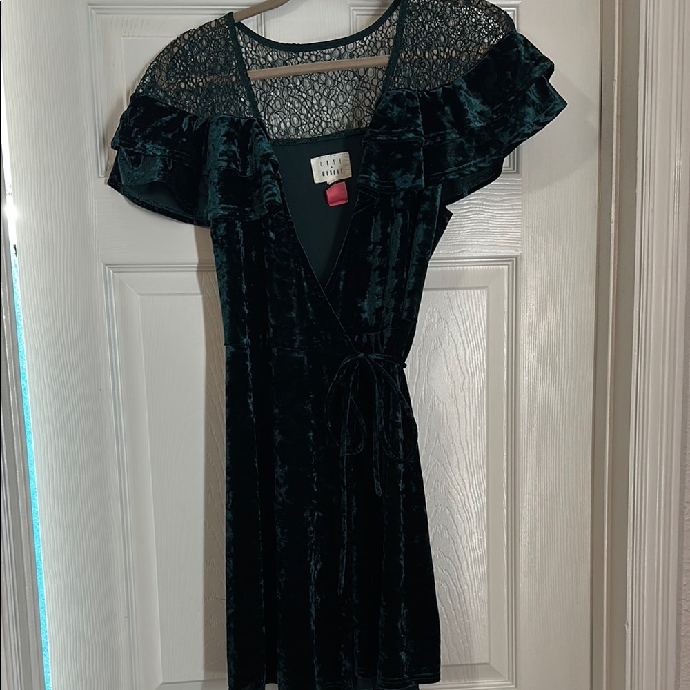 Lost + Wander Emerald Green Velvet Wrap Mini Dress with Lace Yoke